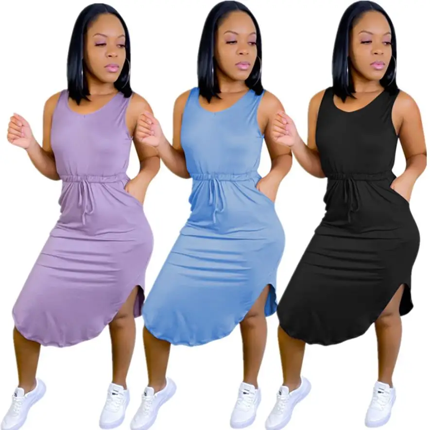 

2021 new arrival sleeveless slit ladies dress solid fitted fashion casual dresses women summer A854