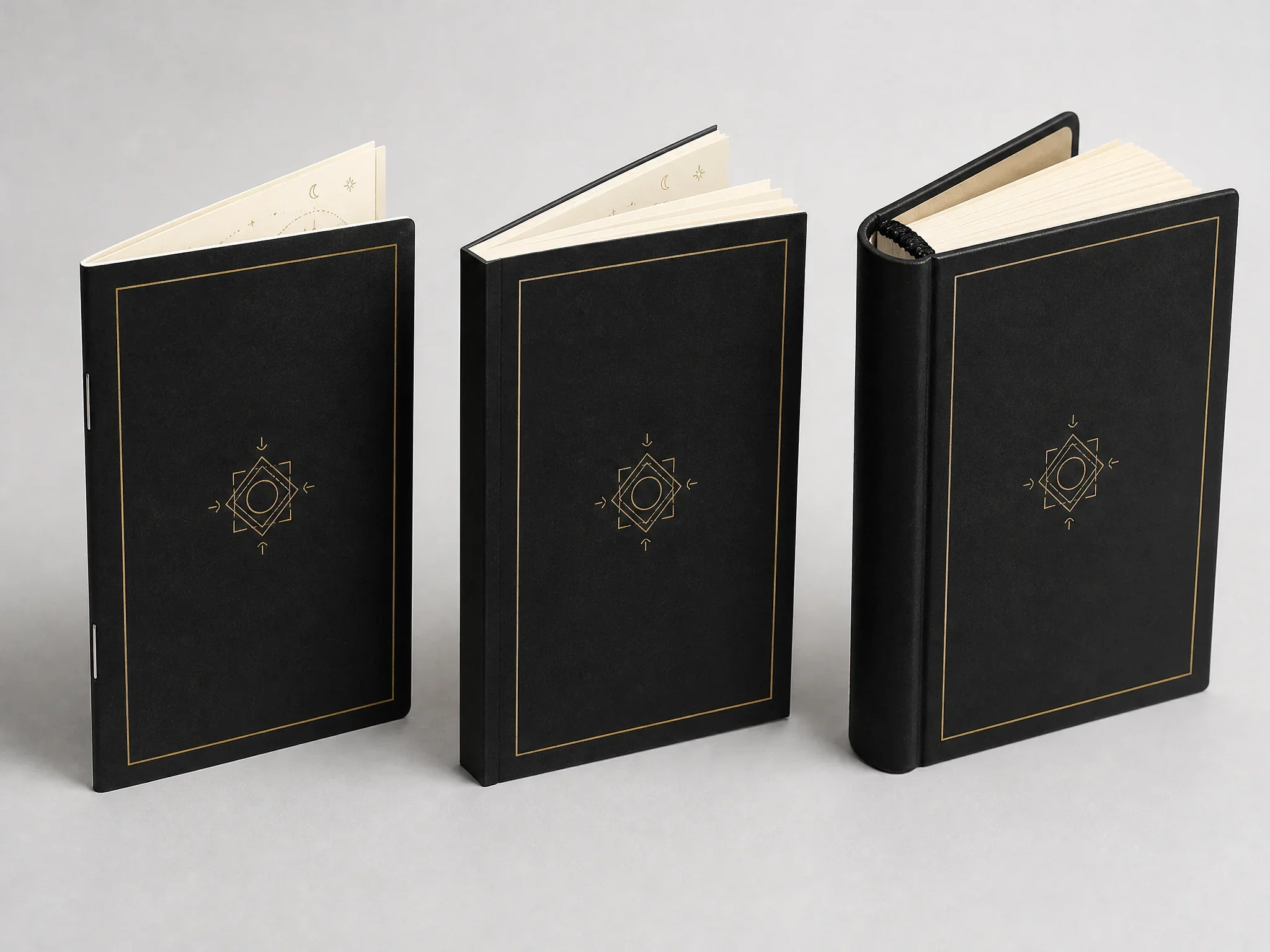 Three guidebook bindings side by side: saddle stitched, perfect bound and case bound