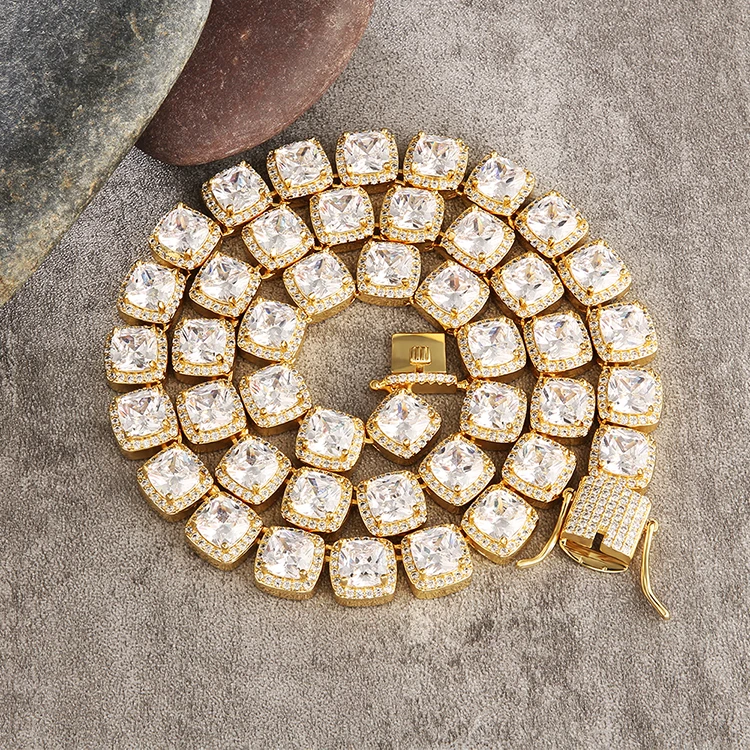 

Gold Plated Claw Setting Zircon Full Square CZ Diamond Paved Chunky Rapper Tennis Necklace