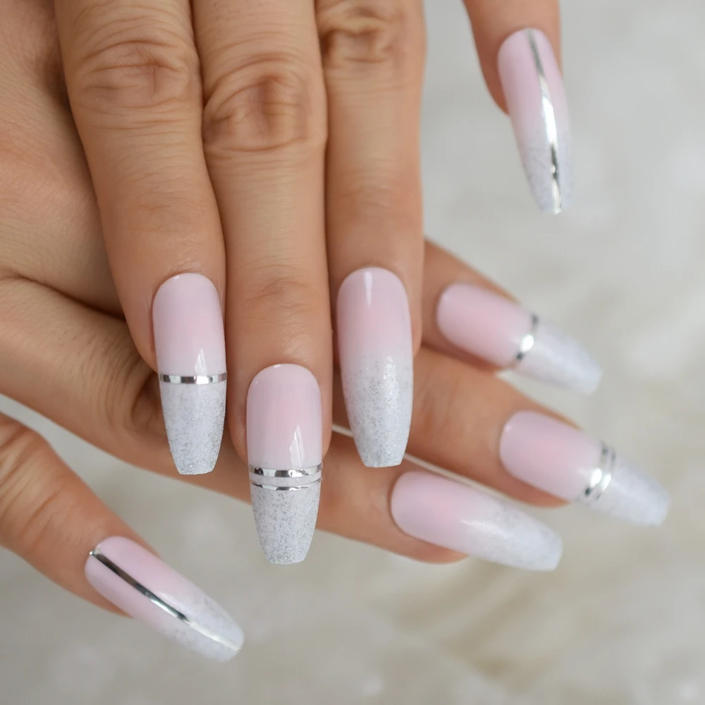 

24pcs Pink False Nail Silver Line Print Long Ballet Nail Glitter Wearable Artificial Fingernails