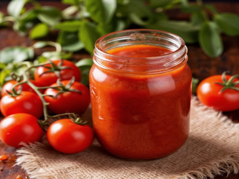 Homemade ketchup in mason jar with fresh tomatoes