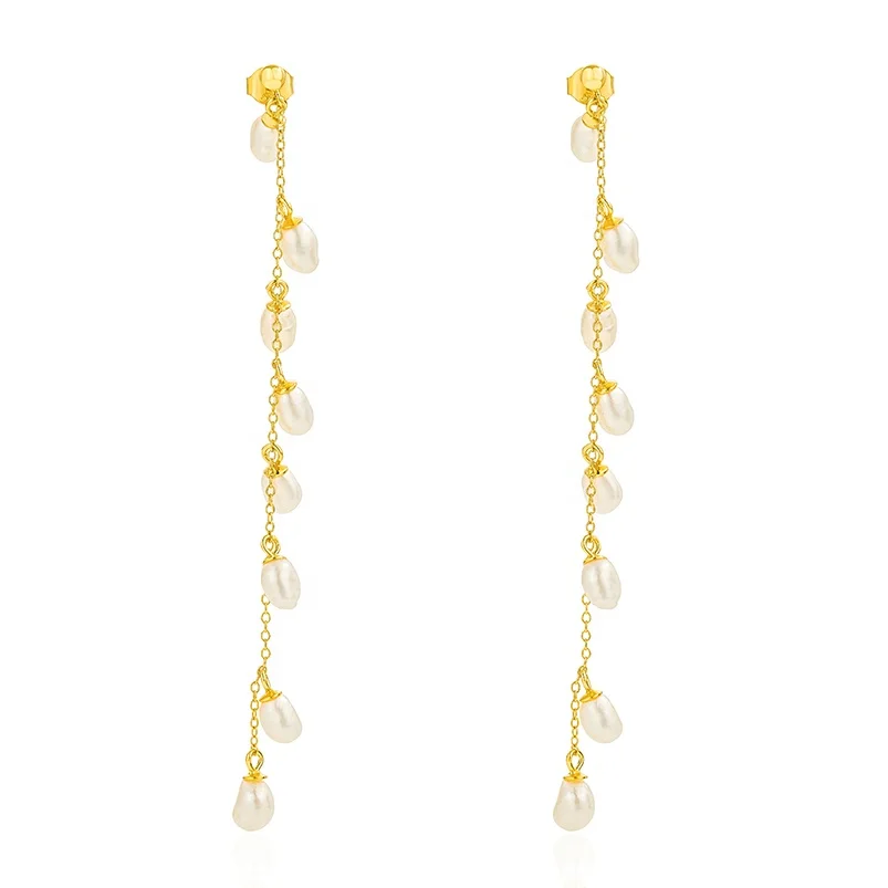 

Gemnel luxury jewelry 925 silver 18k gold waterfall bridal freshwater pearl wedding earrings