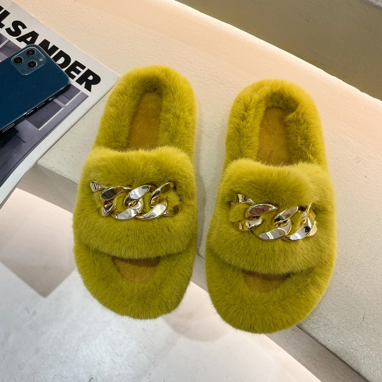 

Open Toe Soft Warm Fluffy Golden Chain Faux Fur Winter Slippers For Women