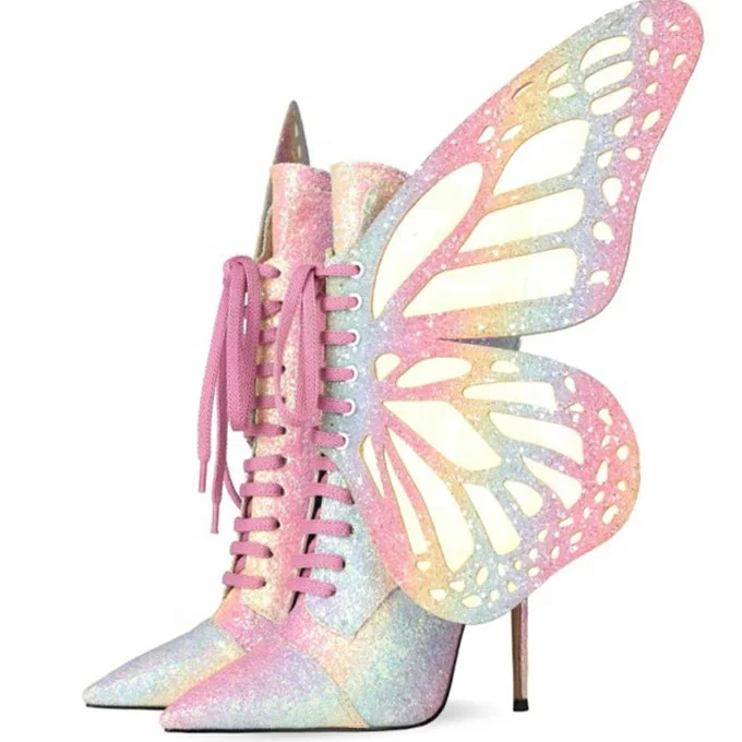 

Fashionable Glitter Pointed Toe Women's Ankle Boots Butterfly Ornament Stiletto High Heel Lady Shoes Large Size 45 Short Boots, Mixed