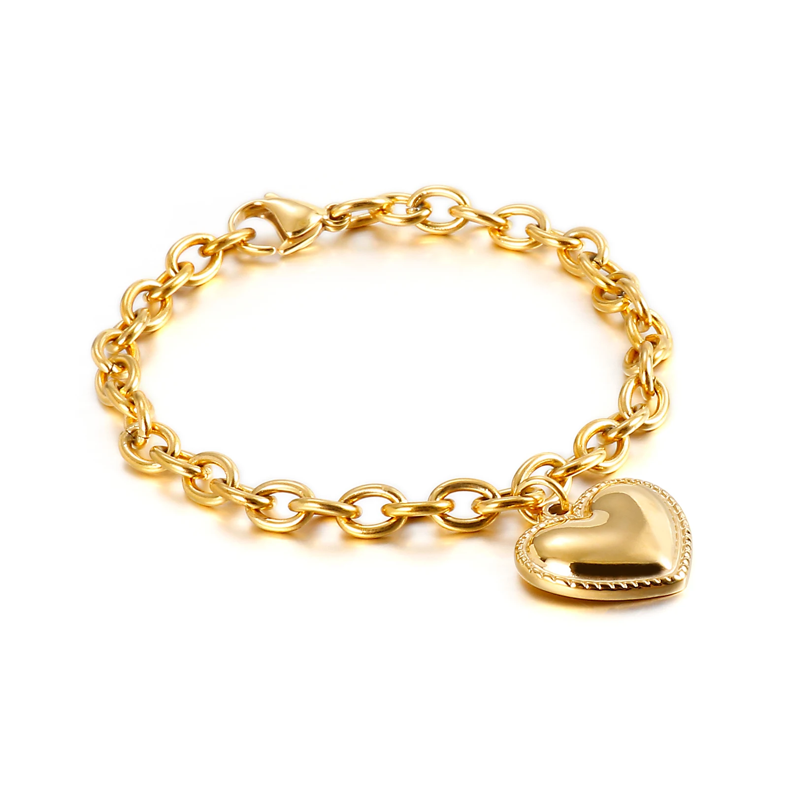 

Wholesale Fashion Simple Link Chain Stainless Steel Charm Heart Women Bracelet, Gold/steel