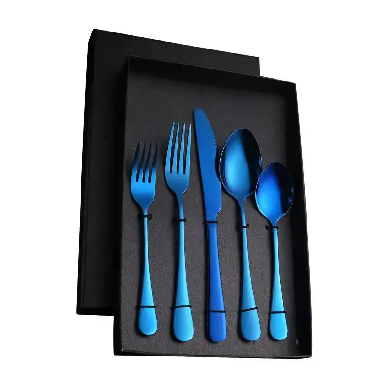 

Wholesale Reusable Custom Logo GOLD Luxury Hotel Wedding Flatware Set Stainless Steel Cutlery Sets With Box, Blue