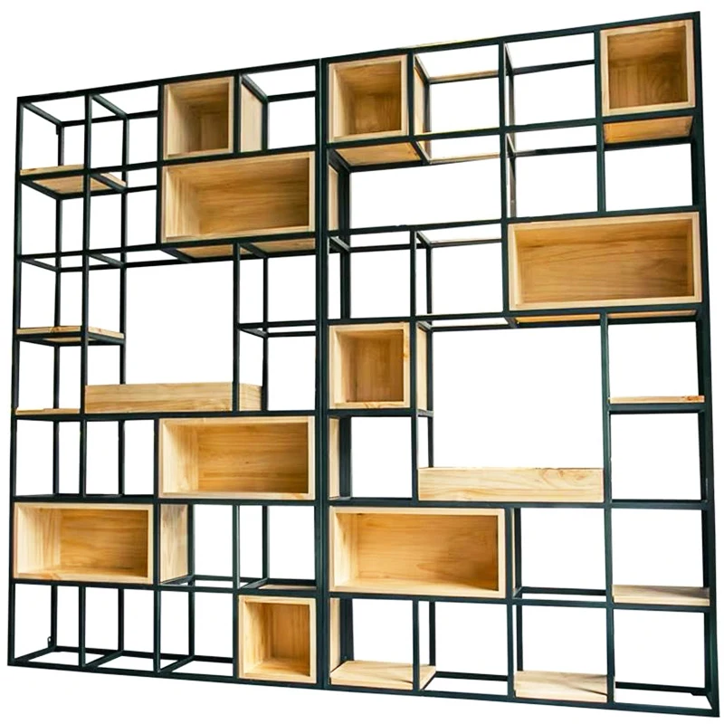 

Iron Partition Screen Industrial Style Display Rack Shelf Solid Wood Living Room Bookshelf Office Decoration Cabinet