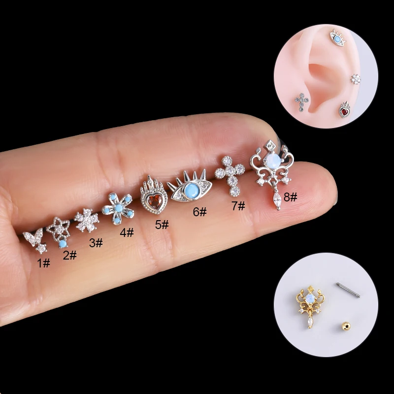 

New Design 20g Surgical steel earrings Heart Flower Eyes Cross Cartilage Earring Stud Helix Tragus Piercing Jewelry For Women