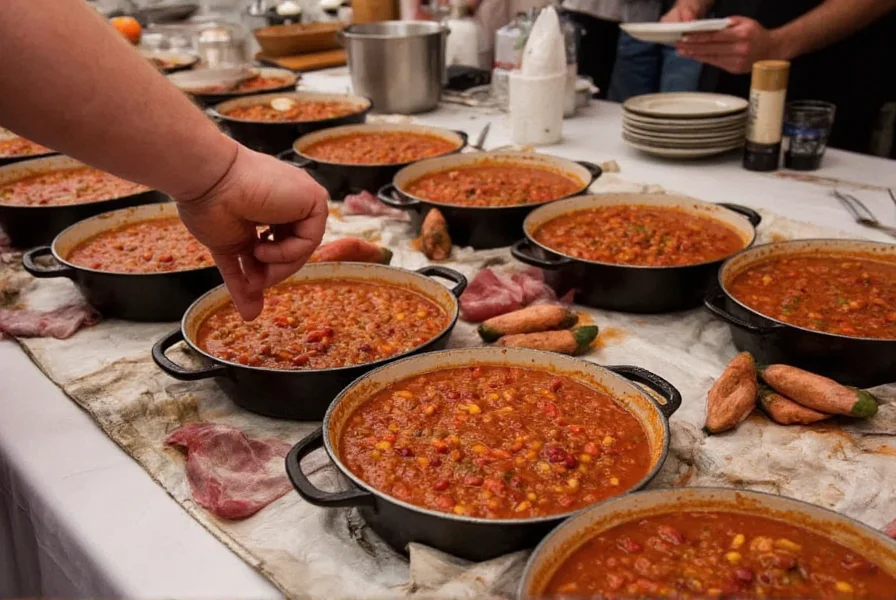 Texas chili cook-off competition with multiple pots of red chili being judged