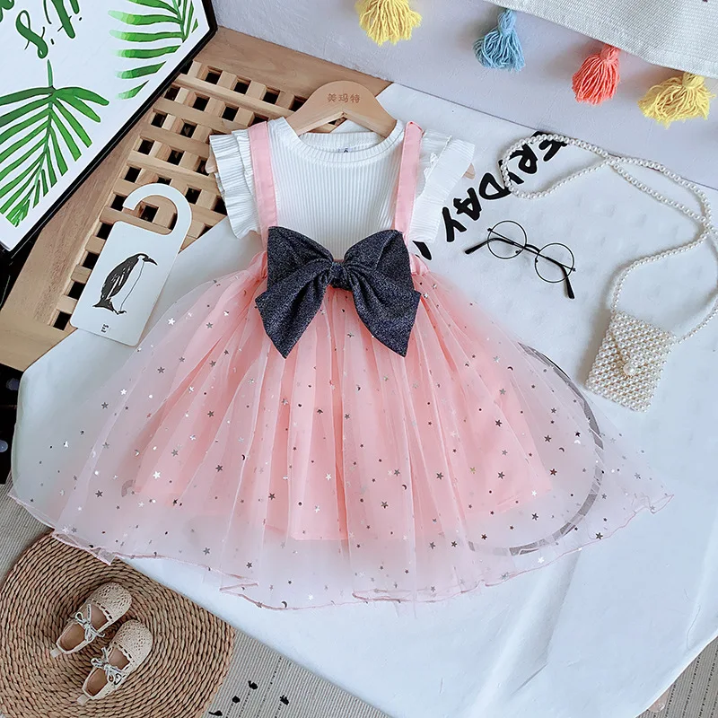 

Girls dresses with short sleeves in summer kids dresses candy strip children wears girl dress polka dots skirt