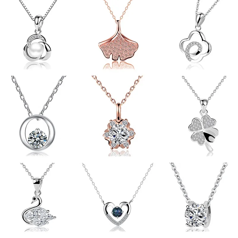 

Various designs of 925 sterling silver necklaces, heart, moon, cross, pearl, four-leaf clover clover gold-plated necklace, Silver,golden.