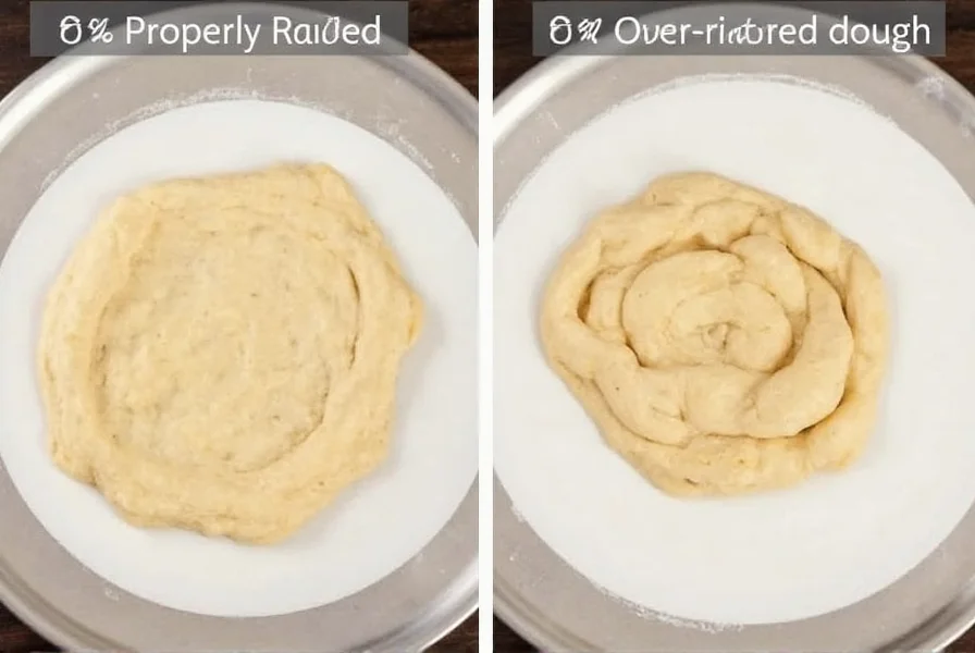 Side-by-side comparison of properly risen cinnamon roll dough versus under-risen and over-risen dough