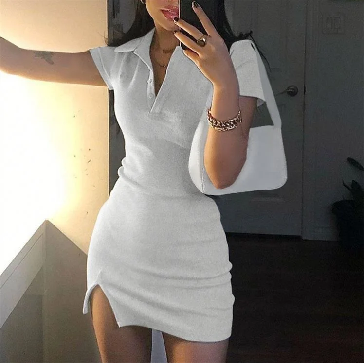 

XMGE Summer New Style Solid Color Fashion Temperament Slit Skirt V Neck Women Sexy Short Sleeve Dress