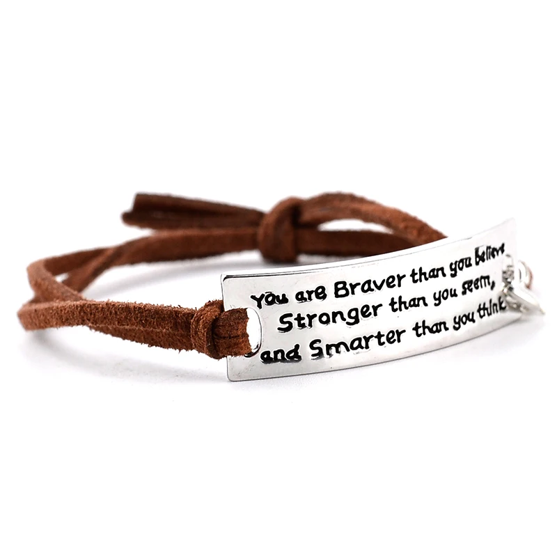 

"You are Braver than you Believe Stronger than you seem" Inspirational Motivational Leather Bracelet Fashion Jewelry Men Women, As picture