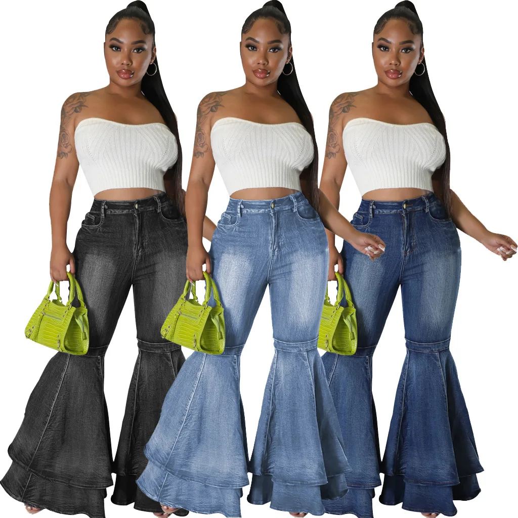 

HSF2645 Latest Design Fashion Versatile Denim Jeans Women Wide Leg Wash Denim Elastic Flare Jeans Pants For Women