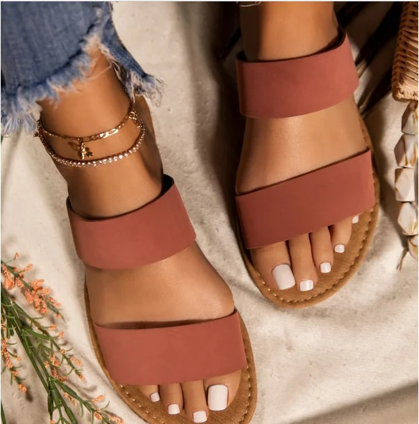 

Dropshipping Simple Ladies Flat Slippers Solid Color Fish Mouth Open Toe Strap One Font Ladies Casual Slippers