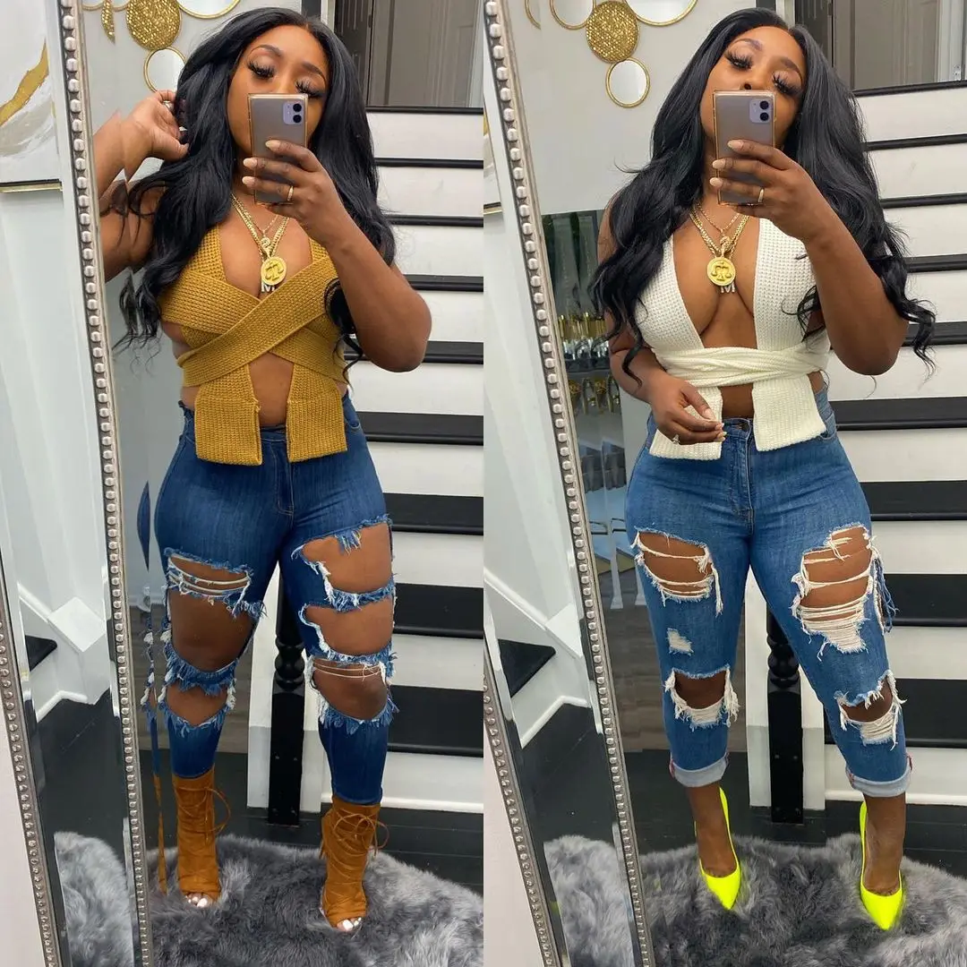 

2021 Women Hotsale Solid Color Club Wear Mini Tank Tops Knitted Top Sweater Vest Sexy Bandage Casual Knit Sleeveless Cross Top