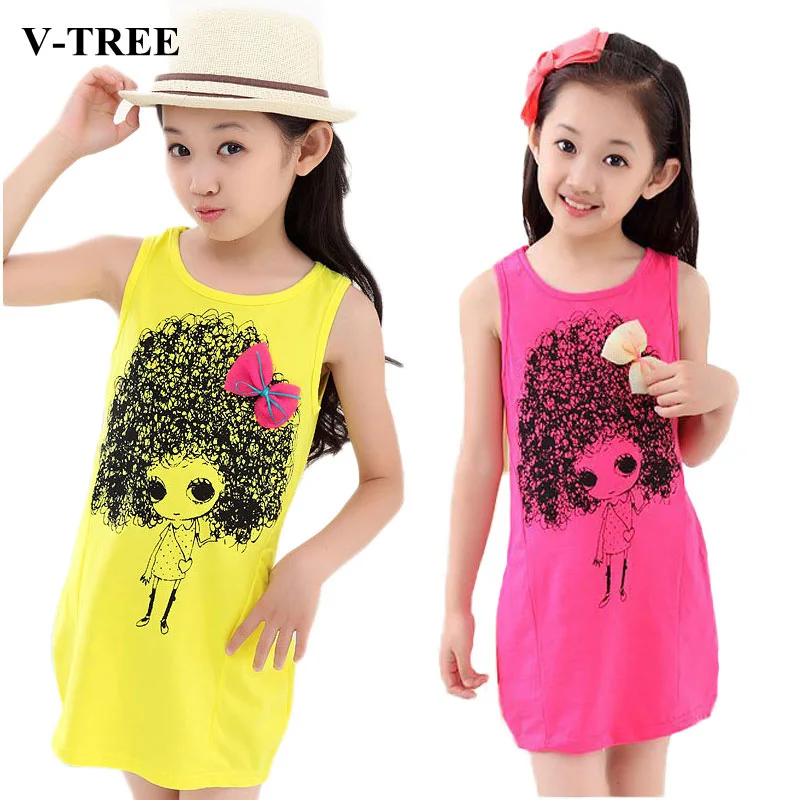 

V-TREE Girls Party Dress Cotton Print Costumes For Teenagers Girl Bow Sleeveless Princess Dresses Kids Clothing Children Clothes