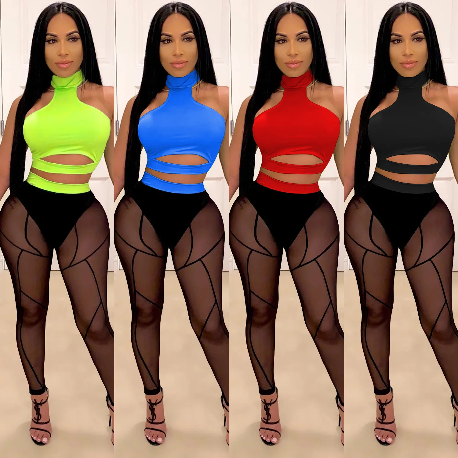 

2021 Tight Hot Pants Sexy Clubwear Two Piece Set Halter Crop Top And Skires Clothing Patchwork Sets Club Women 2 Piece Outfits, Picture color