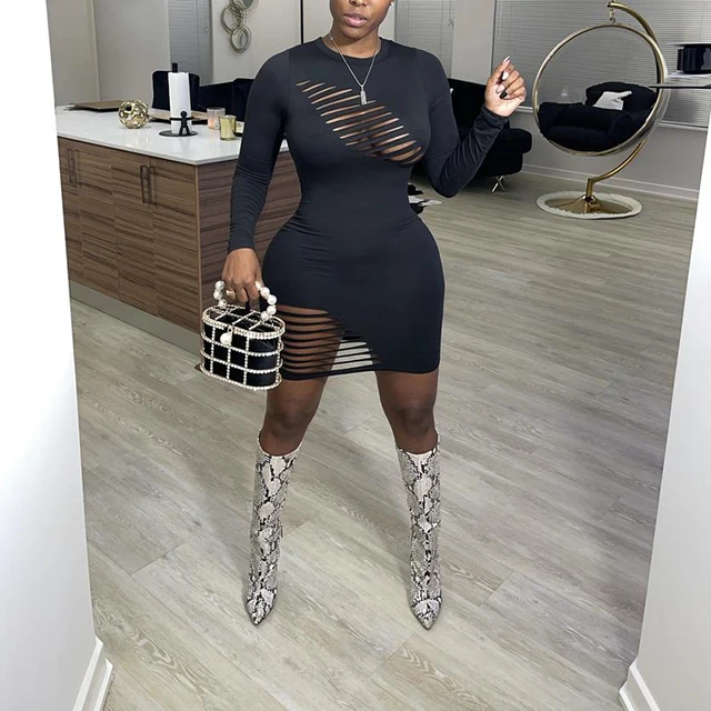 

Charming Sexy Hollow Out Solid Long Sleeve Dress Solid Crew Neck Cut Out Tight Fitted Mini Dress -SM, Black,blue