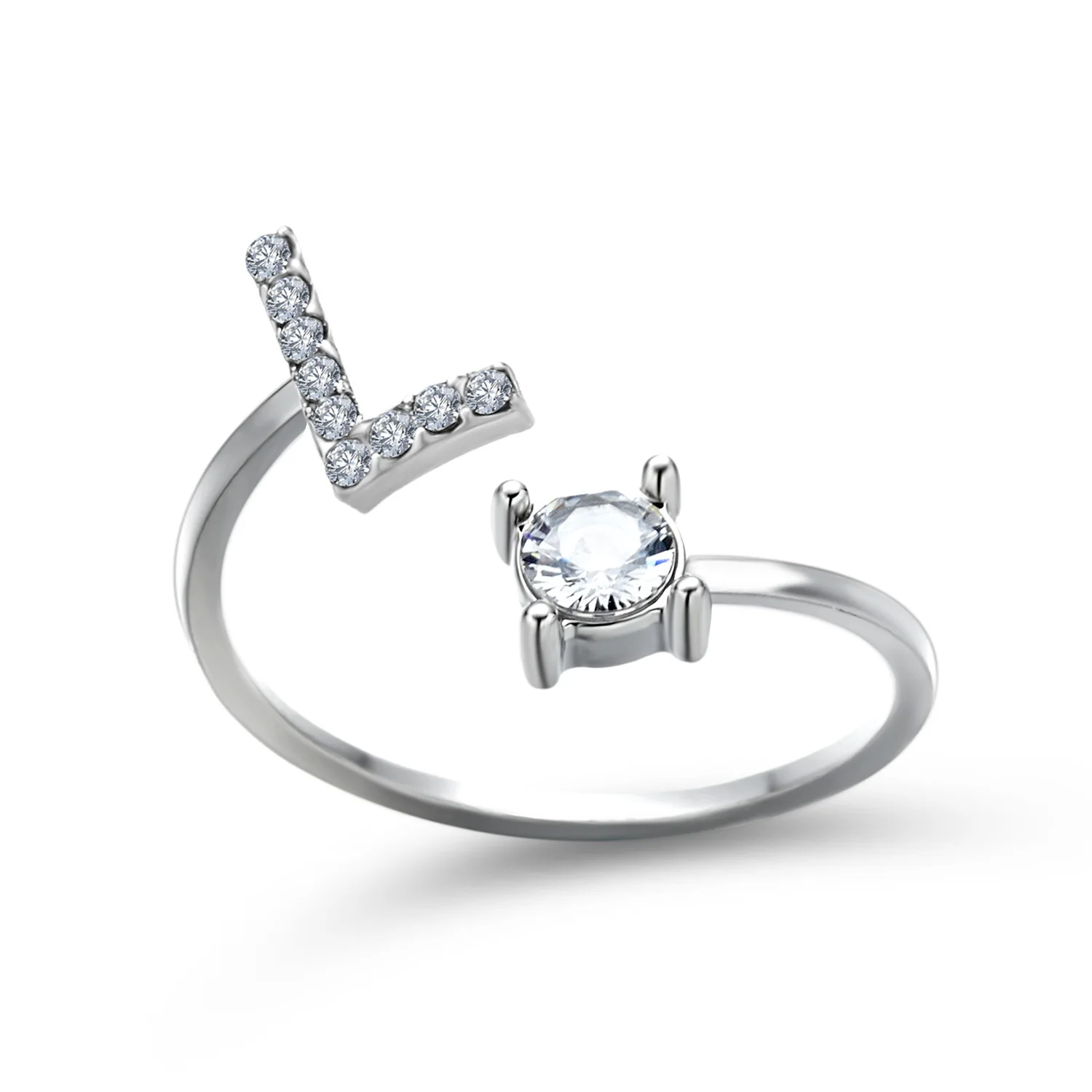 

Adjustable fashion diamond ring custom stainless steel ring Initial 26 letter jewelry ring women