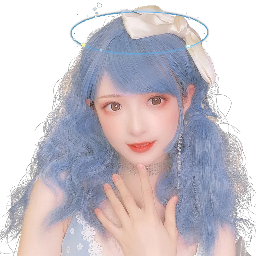 

Fluffy Vitality Mint Blue Long Curly Hair Wig Lolita Natural Grooming Face Daily Sweet Cute Girls Cosplay Party Wigs, Pic showed