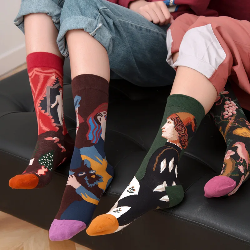 

Hot sale soft woman fashion cotton socks high quality art painting socks carton custom logo design women colorful socks, Custom color