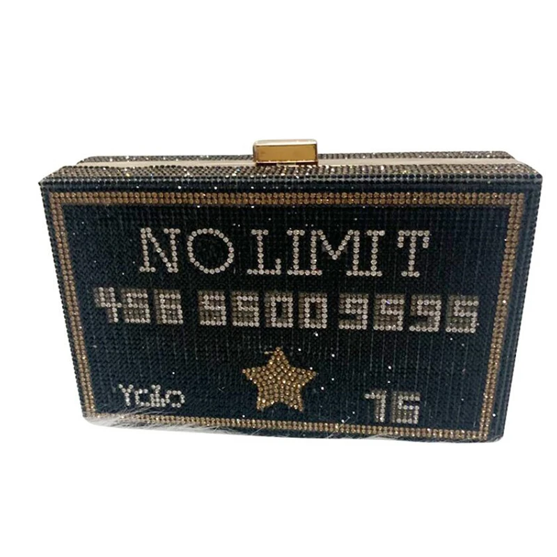 

2021 women no limit evening bag crystal diamonds bridal party YOLO credit card black rhinestone box clutch purses