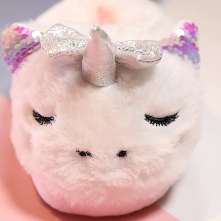 

Christmas winter colorful unicorn house shoes plush fluffy indoor animal soft fur slippers for women, Customized color