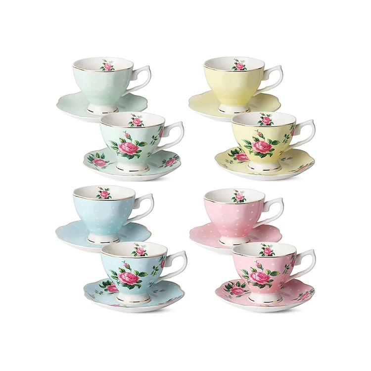 

Wholesale Floral Tea Cups and Saucers Women Coffee Ceramic Mugs, Customized colors acceptable