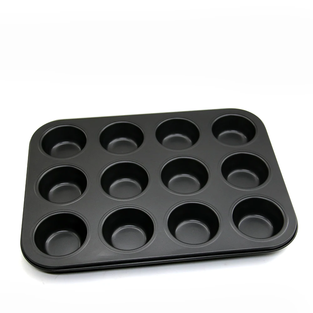 

Wholesale Kitchen 12 Cavity Black Metal Carbon Steel Muffin Cake Non Stick Baking Tray For Oven