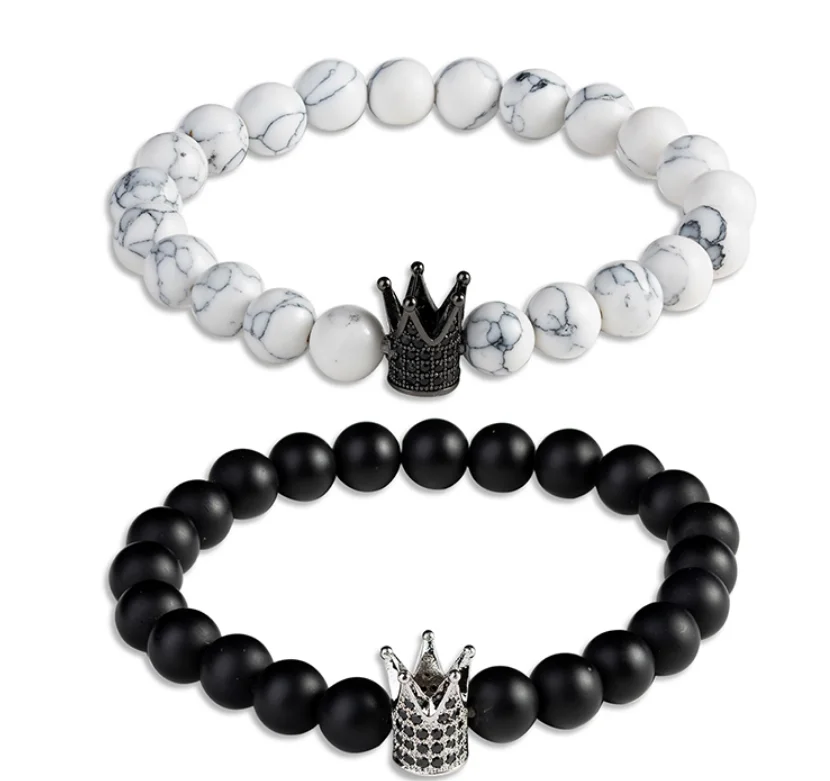 

Hot Sell Crown Natural Stone Couple Bracelet Men Women White Turquoise Black Onyx Customize Beaded Bracelet, Black white