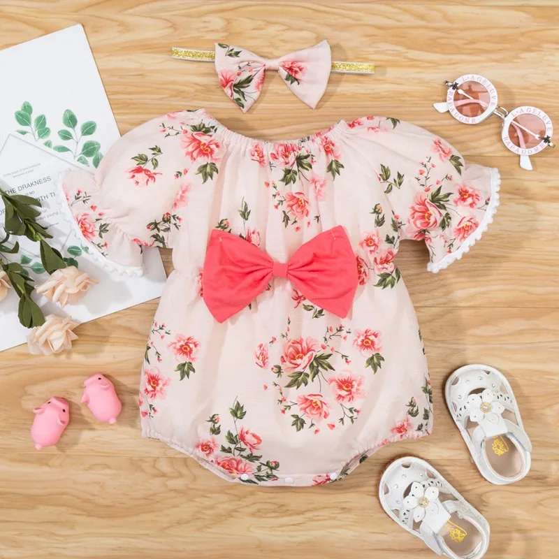 

Flower Sunsuit Jumpsuits With Headband 2pcs Baby Bow Clothing Girls Ruffles Romper, As picture