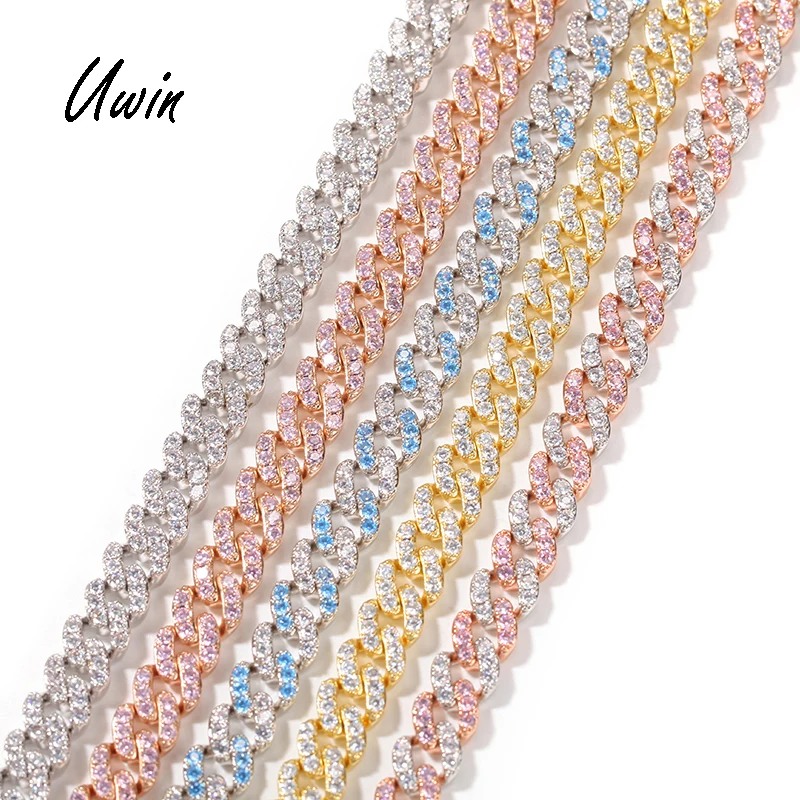 

Wholesale 9mm CZ Cuban Link Chain Pink Blue Zirconia Miami Cuban Link Chain Bling Rapper Choker Necklace, Silver,gold,rose gold or custom for you