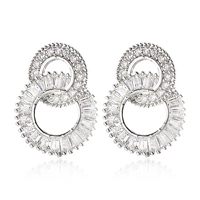 

PUSHI 925 silver needle drop earrings korea geometric earrings circle double zircon earrings stud luxury jewelry