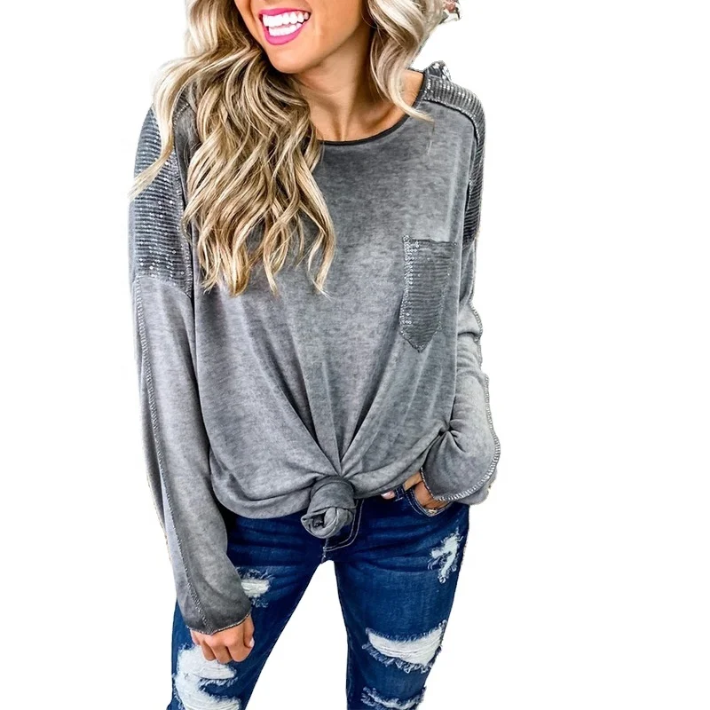

Sequined solid-color women's Long Sleeve Loose Shirt knit O-neck sweaters Winter patchwork Sweater, 1 color