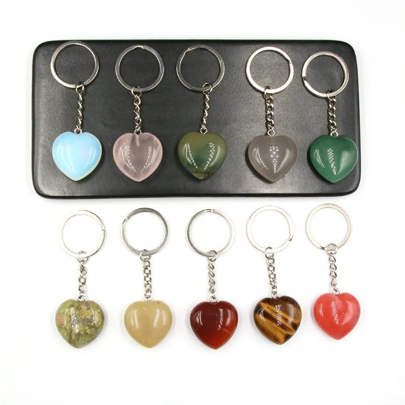 

Bulk 2cm Natural Gemstone Crystal Ring Key Chain Healing Stone Mini Crystal Heart Keychain For Wholesale