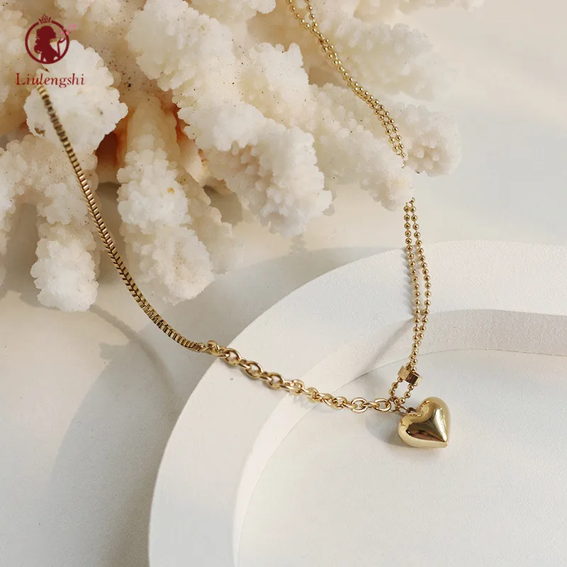 

Newest Arrival Titanium Steel Splicing Link Necklace Stainless Steel Box Chain Solid Heart Pendant Necklace For Women