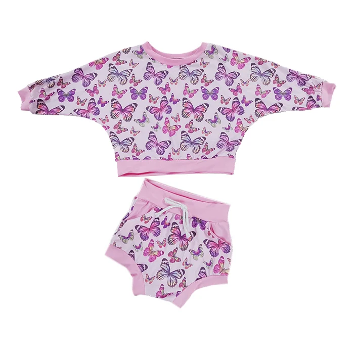 

New Arrival RTS Girls Clothing Sets Butterfly Print Top Kids Spring Clothing, Pink