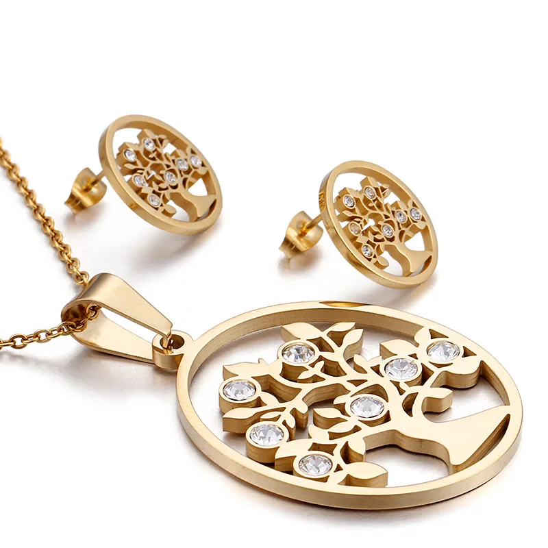 

Fashion women's 18K genuine gold set with zircon wishing tree Stainless Steel Necklace