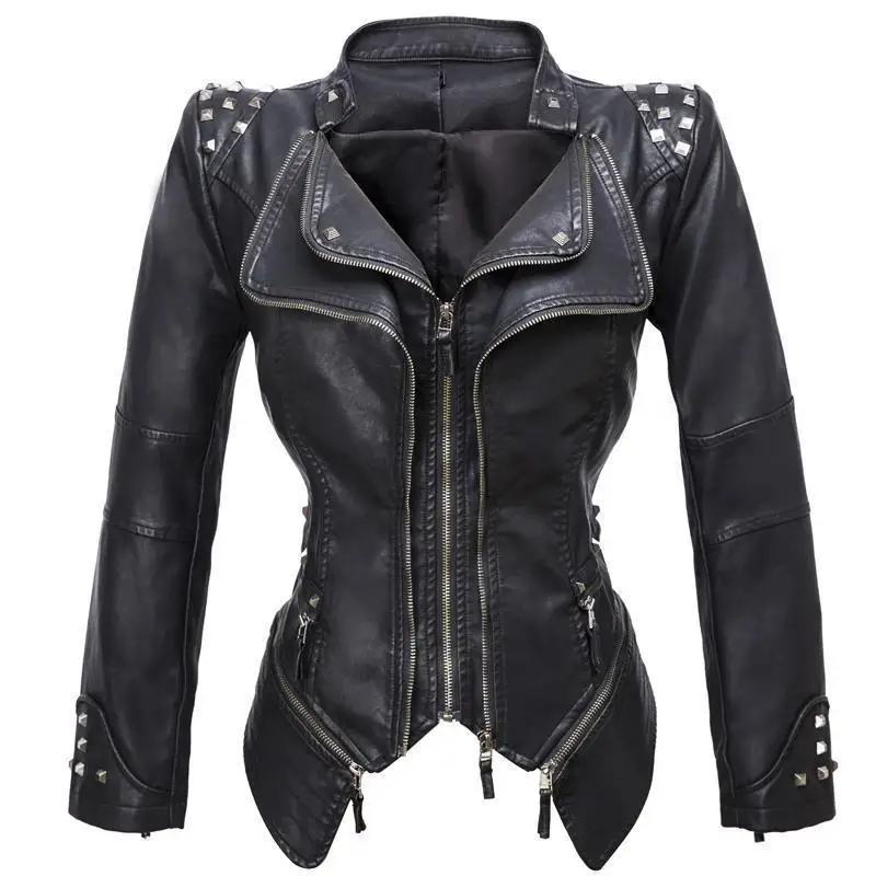 

Lady Washed Faux Jacket Rivet Short Double Zipper Motorcycle women leather jacket