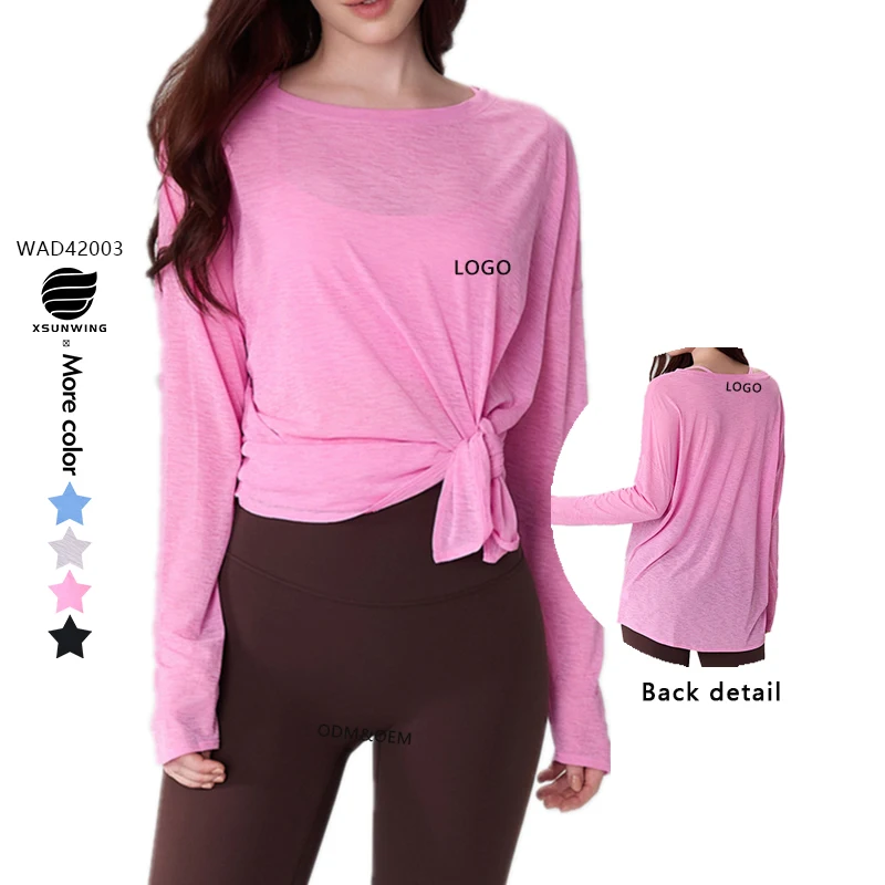 Xsunwing Side Slit Loose Quick Drying Shirt Smock Breathable Yoga Wear Long Sleeve Running Fitness Sportswear for Women WAD42003