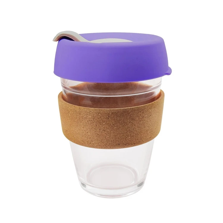 

Hot Sale High Quality Double Wall Mug Cups Cork Case Coffee Cup Glass With Purple Lid, Brown, pink, light blue, purple