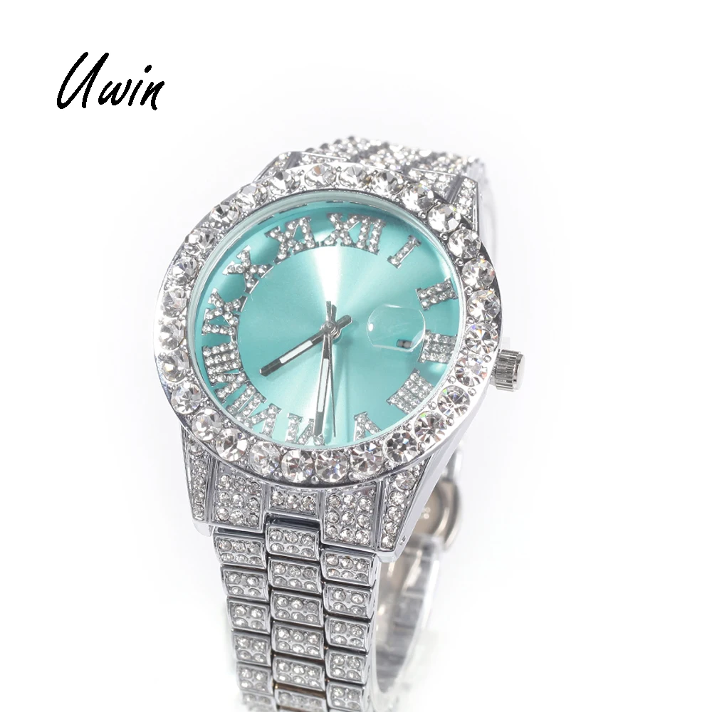 

Hot Sale Luxury Baby Blue White Gold Color Watch Blue Red Pink Bezel Women Men Bling Bling Watches