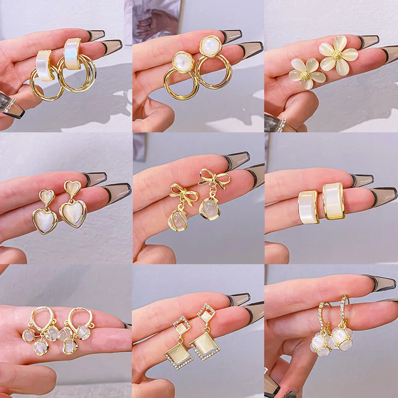 

korean Luxury S925 Silver Needle Gold Plated Zircon Opal Heart C Hoop Drop Earrings Women Cz Daisy Flower Clip on Earrings