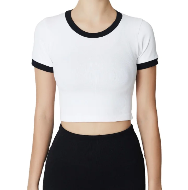 

Wholesale blank ringer crop tops sexy ribbed white t shirts for women, White, orange,grey, black or as you required