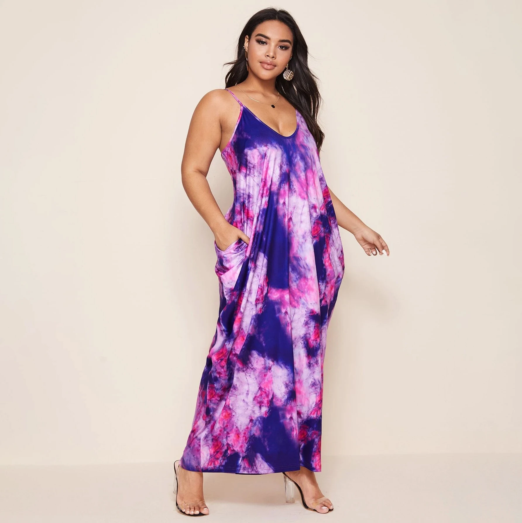 

2021 New Arrivals Dresses For Women Trendy Summer Colorful V Neck Sleeveless Loose Printed Camisole Tie Dye Long Maxi Dress, Orange,purple,blue