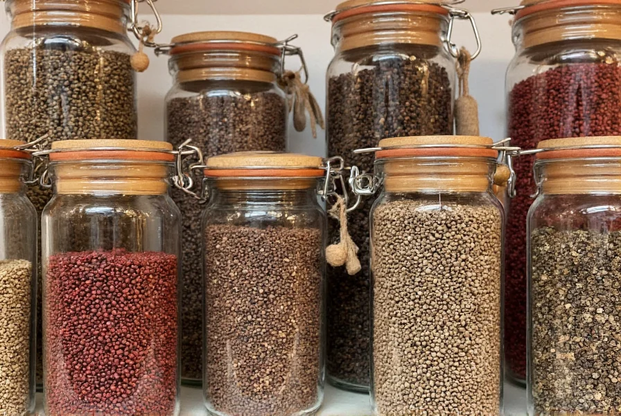 Glass jars containing different varieties of Kampot pepper with proper storage conditions