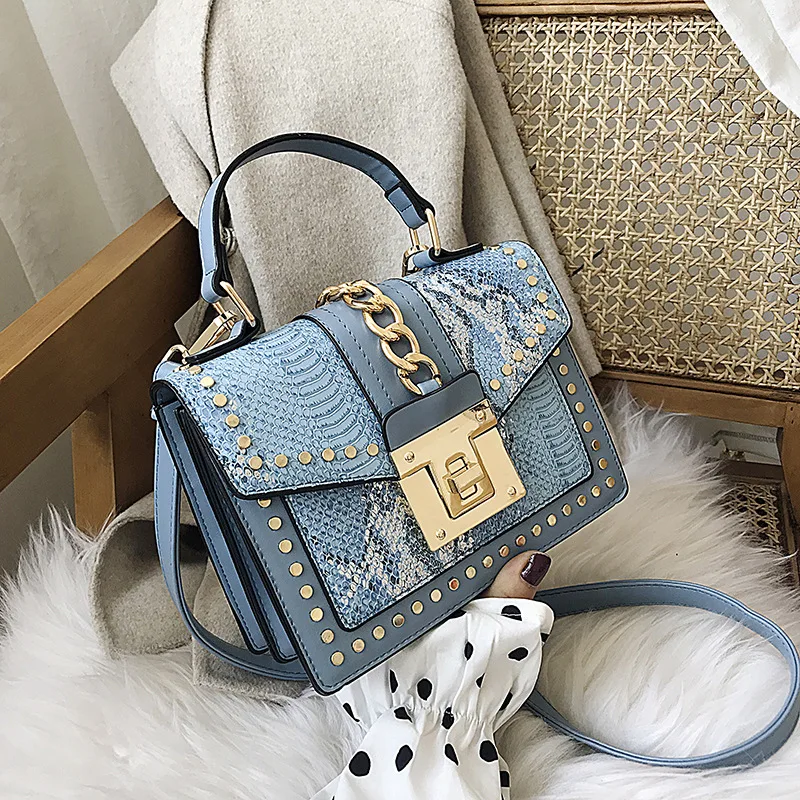 

2020 Fashion designer hot selling lock snakeskin pu leather ladies hand bag shoulder crossbody women custom purses and handbags, 7colors