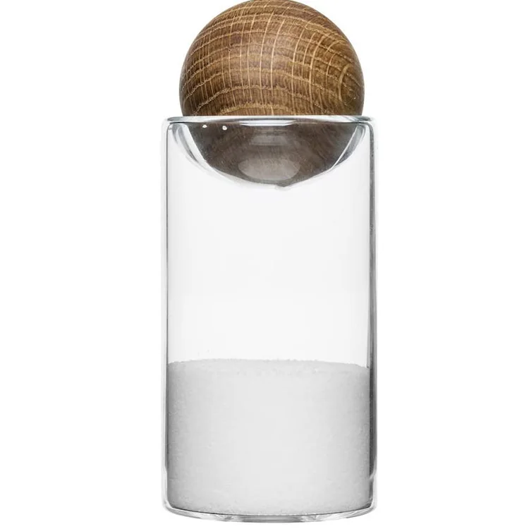 

Custom Made Transparent Clear Borosilicate Glass Salt and Pepper Shakers with Oak Stopper